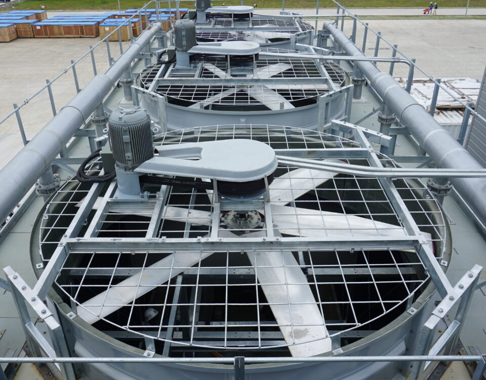 Cooling tower basin with debris buildup